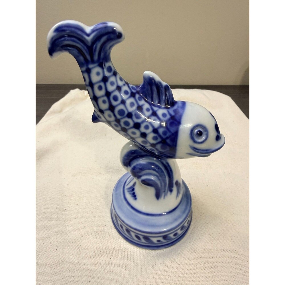 Gzhel Hand Made in Russia Blue White Vintage Porcelain Fish Figurine